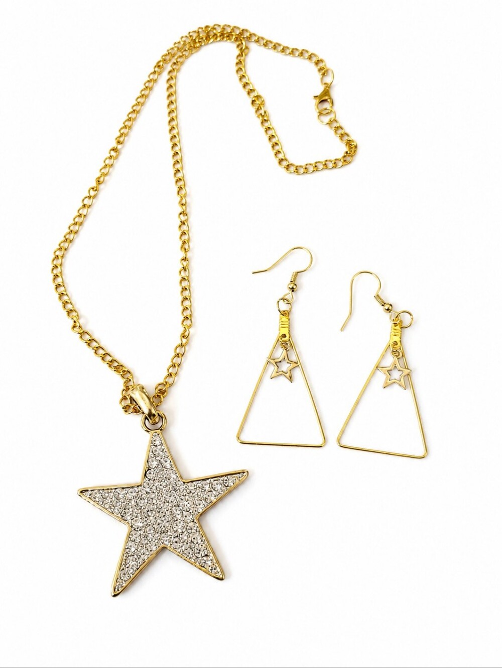 Handmade Gold Star Necklace & Earrings Set Rhinestone Pendant Celestial Jewelry